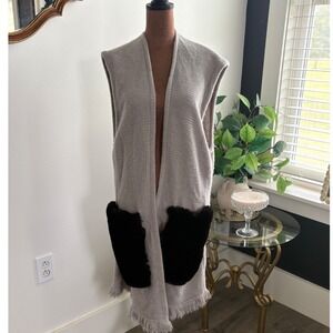 Sleeveless Cardigan Duster Vest with‎ Faux Fur Pockets - Fringe Trim Med